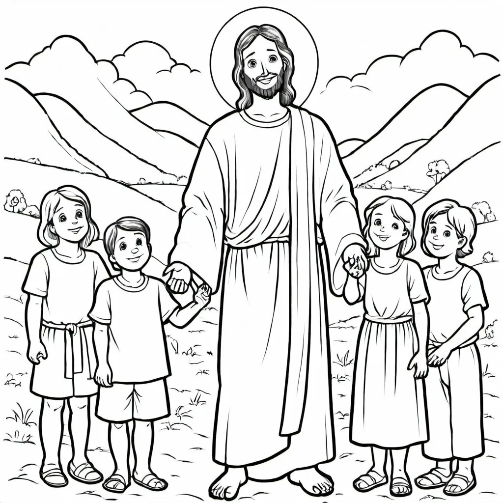 Prompt: Homme jeune debout souriant habillé comme Jésus-Christ donnant la main à des enfants