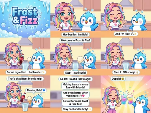 Prompt: Here’s a fun, engaging YouTube Shorts-style script for your characters (Bels + the cute penguin mascot Fizz 🐧) focused on friendship + teaching frost & fizz drinks:

🎬 Title: “Best Friends Frost & Fizz Magic!”

⏱ Duration: ~30–45 seconds (perfect for Shorts)

🎵 [Upbeat, playful music starts]

🎥 Scene 1: (Bright intro, logo pops in)
✨ Sparkles + ice + bubbles animation

Bels (excited, cheerful):
“Hey besties! I’m Bels!”

Fizz (cute penguin voice, bubbly):
“And I’m Fizz! 🐧✨”

Both:
“Welcome to Frost & Fizz!”

🎥 Scene 2: (Close-up, ingredients appear magically)

Bels:
“Today, we’re making a SUPER easy Frost & Fizz drink!”

Fizz (whispers excitedly):
“Secret ingredient… bubbles! 👀✨”

🎥 Scene 3: (Step-by-step but fast + fun)

Bels:
“Step 1: Add your favorite soda!”

Fizz:
“Step 2: Scoop of ice cream—make it BIG! 🍦”

Bels (laughing):
“The bigger, the better!”

🎥 Scene 4: (Fizz accidentally spills a little)

Fizz:
“Oopsie! 😅”

Bels (smiling warmly):
“That’s okay! Best friends help each other!”

Fizz:
“Thanks, Bels! 💙”

🎥 Scene 5: (Final drink reveal, sparkles + bubbles)

Both (excited):
“TA-DA! Frost & Fizz magic!”

🎥 Scene 6: (They toast drinks)

Bels:
“Making treats is more fun with friends!”

Fizz:
“And even better when you share! 🐧💖”

🎥 Scene 7: (Outro)

Both:
“Follow for more Frost & Fizz fun!”

Fizz (wink):
“Stay cool and bubbly! ✨”

💡 Extra Tips for Your Channel
Keep fast cuts + bright colors
Add “pop” sound effects for fizz
Use catchphrases like:
“Stay cool and bubbly!”
“Frost it, fizz it, love it!”

If you want, I can:

Create episode ideas (10+ shorts)
Write voiceover lines
Help you build a viral hook strategy

Just tell me 👍