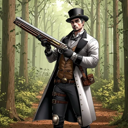 Prompt: A hunter, male, silver steampunk bundlebuss shotgun, in a woods