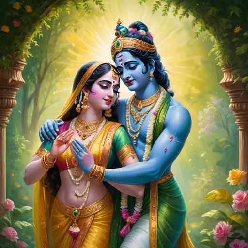 Prompt: (radiant depiction of Krishna and Radha), divine romance, traditional attire, intricate jewelry, vibrant colors, lush green background, enchanting scenery, soft golden light, serene ambiance, love and devotion, ethereal artistic style, high detail, 4K resolution, spiritual atmosphere, flowing garments, harmonious composition, symbolic representations.