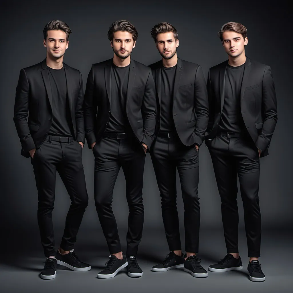 Prompt: (ultra-detailed) portrait of 4 guys ,for of them carrying 4/4 cellos, all wearing black t-shirts, black suit jackets, and black sneakers, striking cool poses, striking confidence among them, American got Talent logo background. casual elegant fashion, capturing a sense of youthful energy and friendship, ideal for a modern and trendy atmosphere.