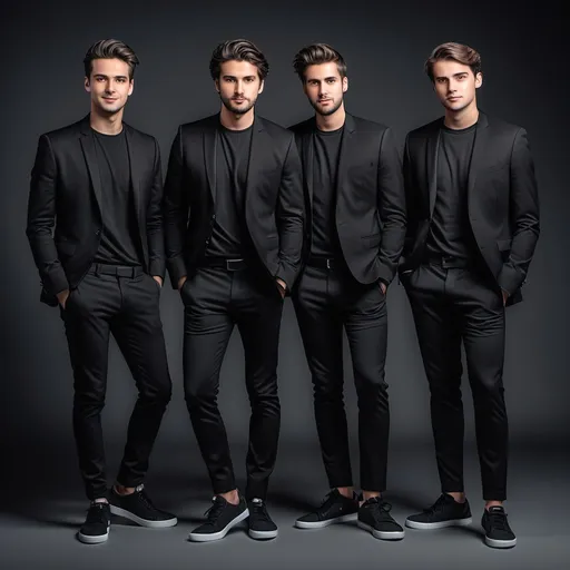 Prompt: (ultra-detailed) portrait of 4 guys ,for of them carrying 4/4 cellos, all wearing black t-shirts, black suit jackets, and black sneakers, striking cool poses, striking confidence among them, American got Talent logo background. casual elegant fashion, capturing a sense of youthful energy and friendship, ideal for a modern and trendy atmosphere.