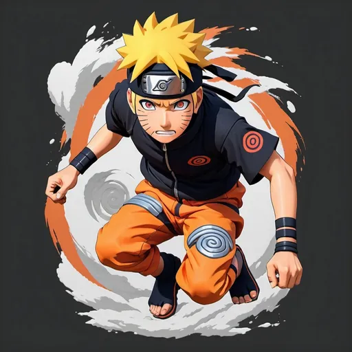 Prompt: (T-shirt with Naruto illustration), vibrant colors, dynamic and energetic mood, high depth cinematic masterpiece, semi-realistic anime style, Naruto in action pose, bold outlines, detailed facial features, spirited expression, classic Konoha ninja outfit, Naruto logo, stylish and appealing design, clean background with subtle Konoha village elements, 4K, ultra-detailed, HD quality