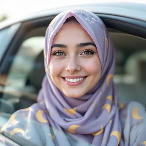 Prompt: A young woman wearing a light purple hijab adorned with subtle patterns beams joyfully from the foreground, her bright smile and expressive eyes radiating warmth and friendliness. The setting appears to be the interior of a car, with soft natural lighting suggesting daytime, possibly reflecting a sunny atmosphere through the window. Text in a different script is partially visible on the side, adding an element of context to the image. The overall composition emphasizes her cheerful demeanor, while the gentle hue of her hijab complements her features beautifully, creating a harmonious and inviting portrait.