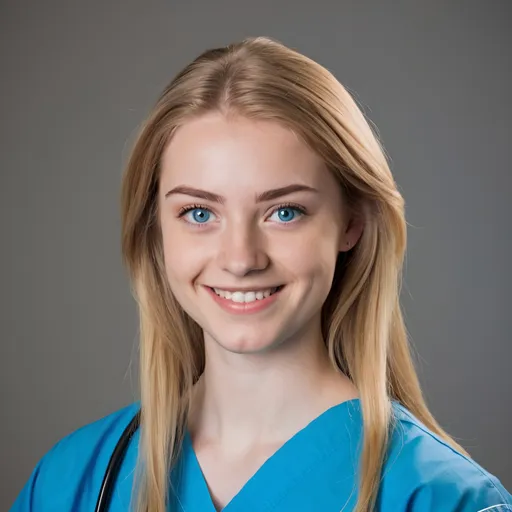 Prompt: A 20 year old female nurse in scrubs with blue eyes. Her hair is straight, shoulder length and she has a smile on her face. Her eyebrows and hair are blond. She is sat facing the camera.

