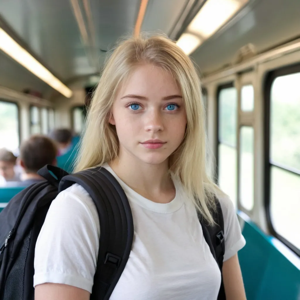 Prompt: Girl with blonde hair and blue eyes, wearing a backpack in a train.