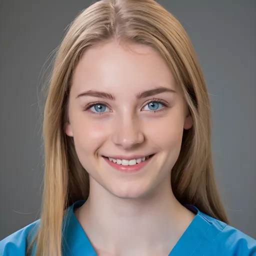 Prompt: A 20 year old female nurse in scrubs with blue eyes. Her hair is straight, shoulder length and she has a smile on her face. Her eyebrows and hair are blond. She is sat facing the camera.

