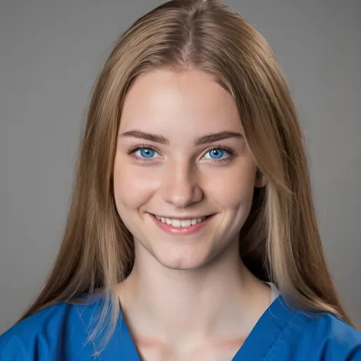 Prompt: A 20 year old female nurse in scrubs with blue eyes. Her hair is straight, shoulder length and she has a smile on her face. Her eyebrows and hair are blond. She is sat facing the camera.

