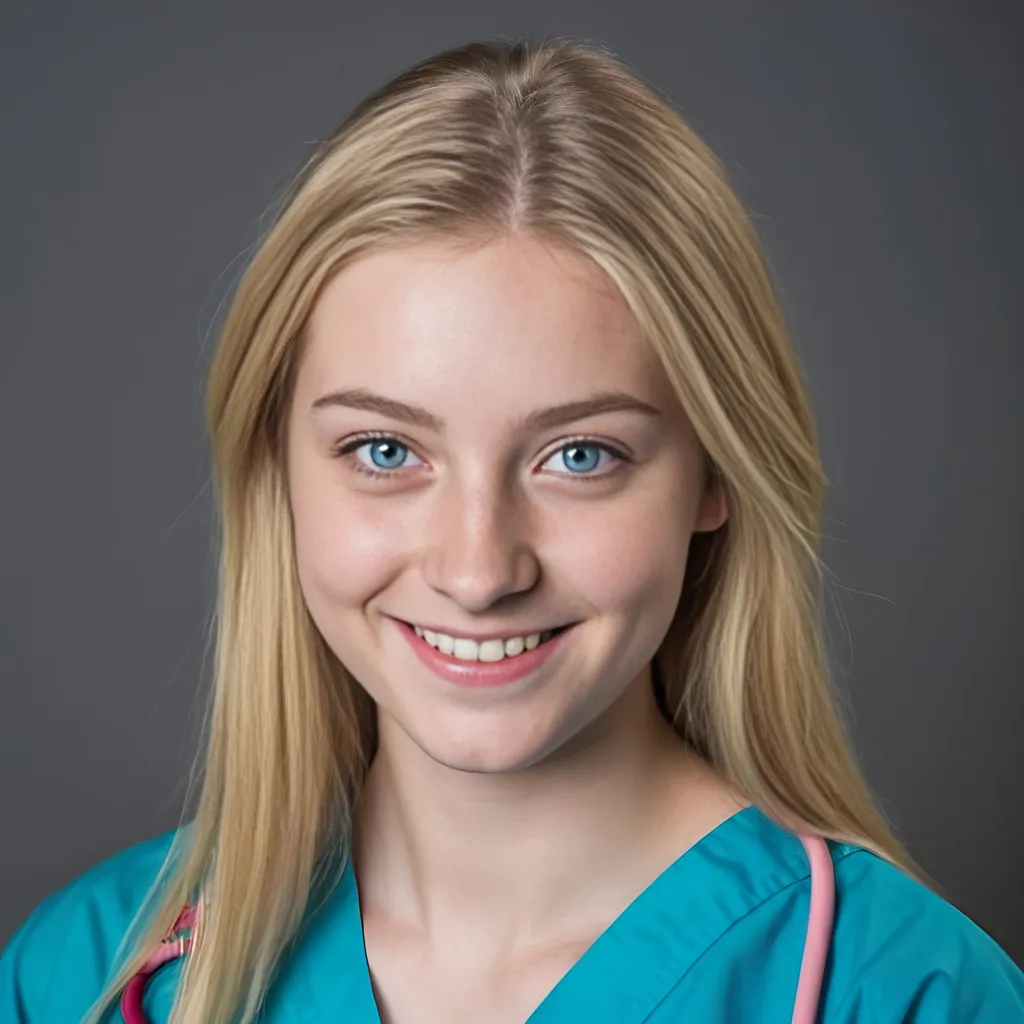 Prompt: Blond 20 year old female nurse with blue eyes. Her hair is straight, shoulder length and she has a smile on her face. She is sat facing the camera.

