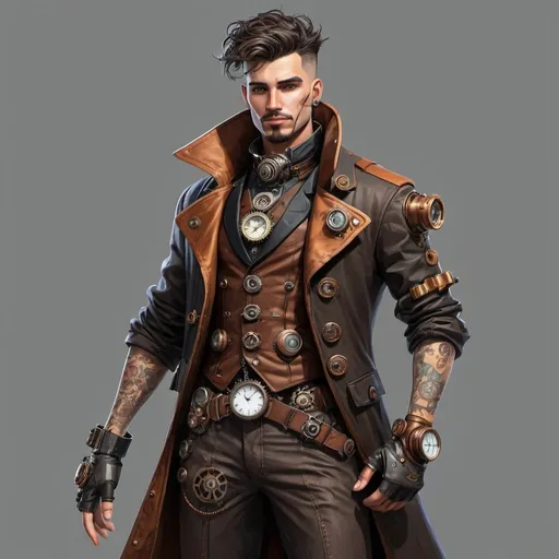 Prompt: Male character with steampunk and cyberpunk elements which is between realistic and cartoon without background 