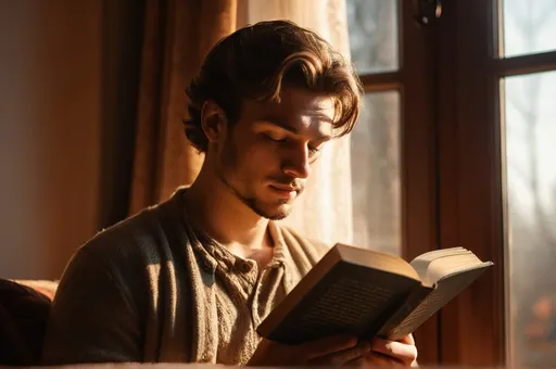 Prompt: a 26 year old man reading a book in dramatic window morning light, natural rambrand type of lighting on his face created by window light