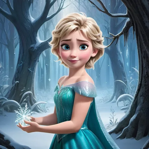 Prompt: an enchanted forest with a 5 year dark blonde girl with short hair playing with Elsa from Frozen