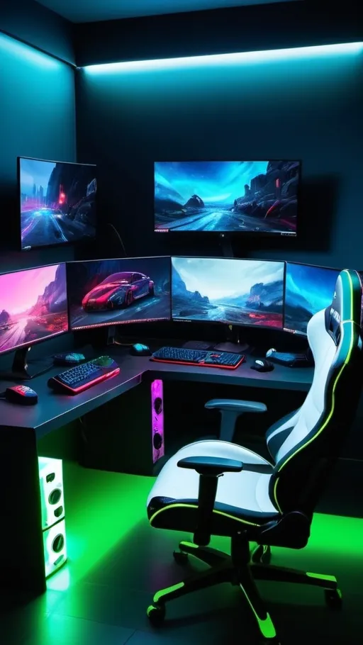 Prompt: (Cool gaming setup), sleek peripherals, neon lights, dark atmosphere, gaming chair, multiple monitors displaying vibrant graphics, minimalist desk design, high-tech equipment, ambient lighting, dynamic reflections, ultra-detailed, modern vibes, energetic ambiance, 4K resolution, rich color contrasts, immersive environment, perfect for gaming enthusiasts.