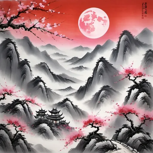 Prompt: chinese painting of grey mountains, brush strokes, pink sakura trees on the mountains, bright red moon in the sky, chinese are style, hd quality, good lighting 