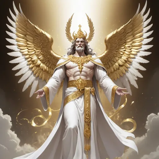 Prompt: A god wearing a white robe wit gold trimmings, gold and white wings, HD
