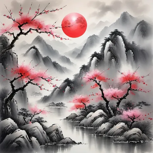 Prompt: chinese painting of grey mountains, brush strokes, pink sakura trees on the mountains, bright red moon in the sky, chinese are style, hd quality, good lighting 