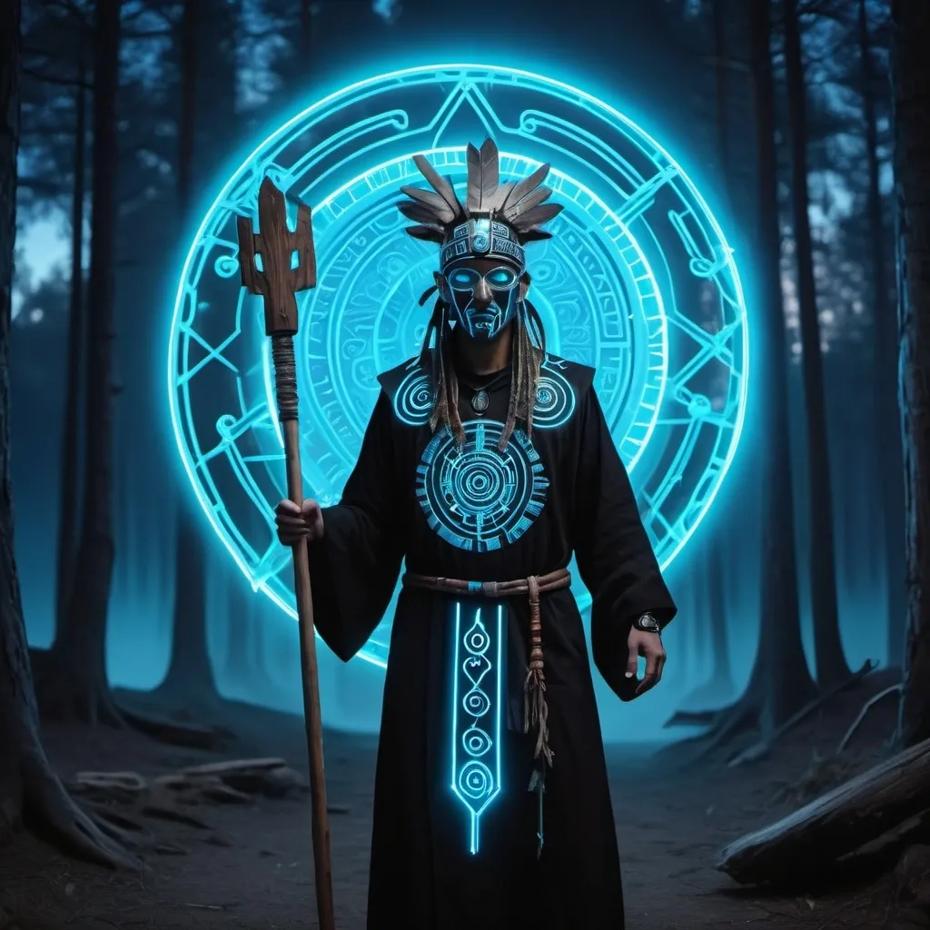 Prompt: cybernetic shaman with high tech staff, wearing black robe with light blue neon highlights, wooden mask with aztec light blue neon markings, magical scenery, mystical forest, blue moon with bright aurora sky. HD resolution, dynamic lighting