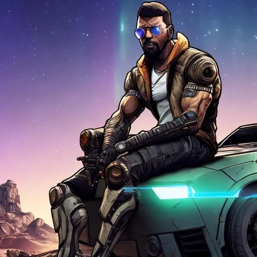 Prompt: Black man with short hair and beard, well tones muscles, sitting on top of a futuristic car,, borderlands art style, HD image, aurora lights in the sky