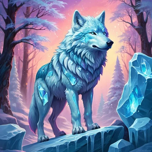 Prompt: ice wolf, magical fantasy illustration, vibrant colors, whimsical style, detailed fur with an iridescent glow, enchanting atmosphere, high quality, magical fantasy, vibrant colors, whimsical style, detailed ice fur, iridescent glow, intricate rocks, enchanting atmosphere, professional, atmospheric lighting