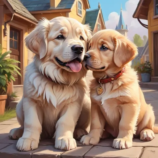 Prompt: A big dog and a puppy, high quality, digital painting, cute and whimsical style, bright and lively colors, natural lighting, detailed fur and feathers, adorable expressions, charming and heartwarming, joyful and lively atmosphere, disney art style 