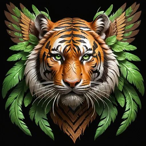 Prompt: Digital painting of Tiger with a brown wood texture body, having angel wings made of green leaves, vibrant colors, highres, ultra-detailed, futuristic, detailed design, Aztec patterns, professional, atmospheric lighting, , Aztec, cyberpunk, colorful, detailed, dynamic, futuristic, high quality, vibrant colors, atmosphere lighting