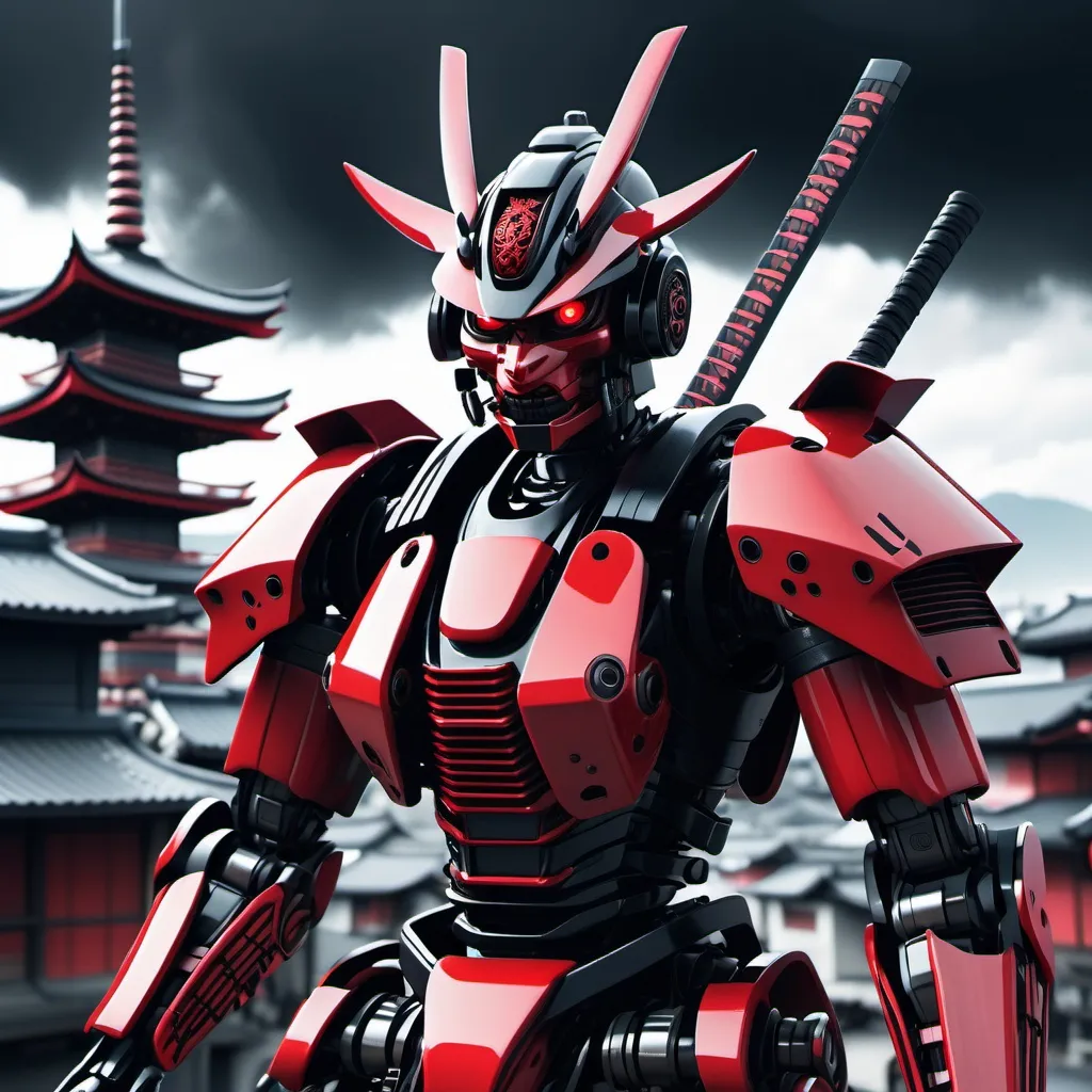 Prompt: a samurai robot with katanas, black and red highlight, HD resolution, sci fi futuristic japanese town in the background