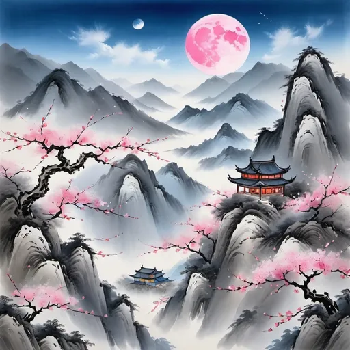 Prompt: chinese painting of grey mountains, brush strokes, pink sakura trees on the mountains, bright blue moon in the sky, chinese are style, hd quality, good lighting 