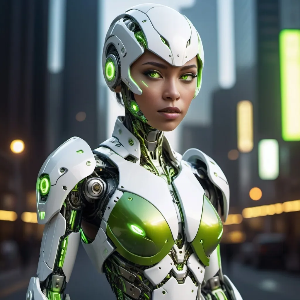 Prompt: a beautiful cyborg lady white armor, lime highlight, olive robot eyes