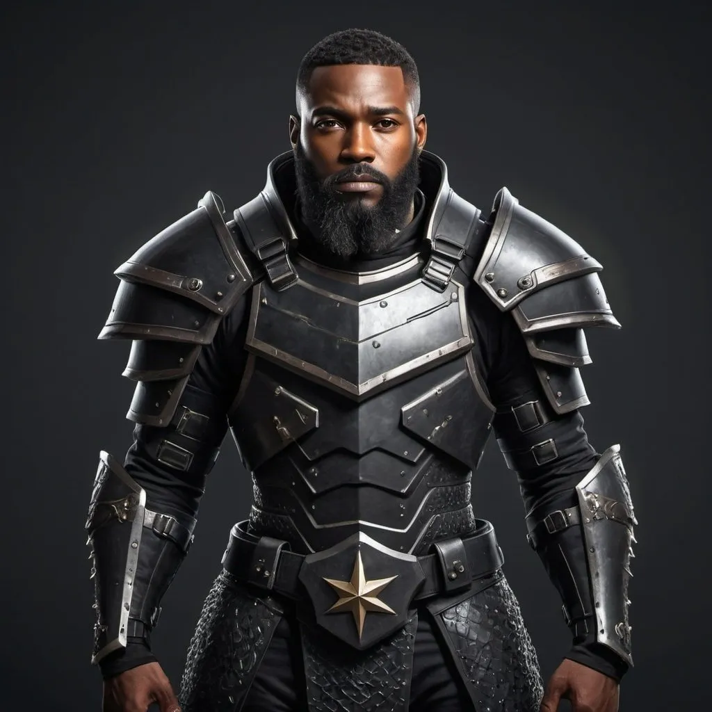 Prompt: black man with full beard and short hair wearing a black battle armor from swallowed star, full body, HD quality, 3D art style