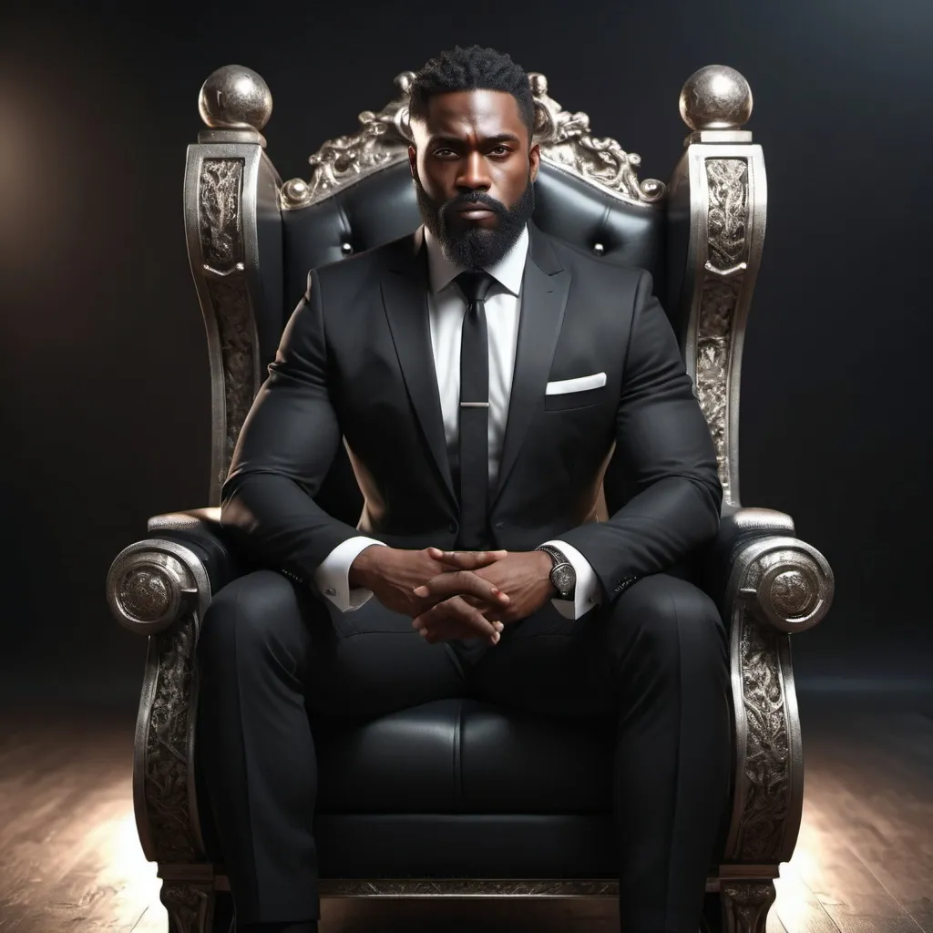 Prompt: A black powerful man with a beard sitting on a throne, wearing a black suit, white shirt, black tie, black shoes, realistic, 3D art style, hd resolution, good lighting