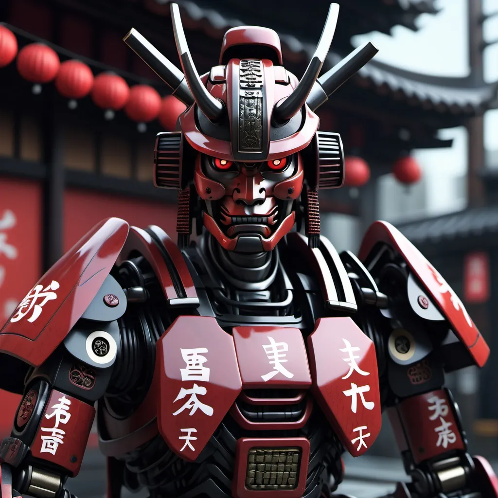 Prompt: a samurai robot with katanas, japanese symbols markings, HD resolution, cyberpunk theme, photorealistic