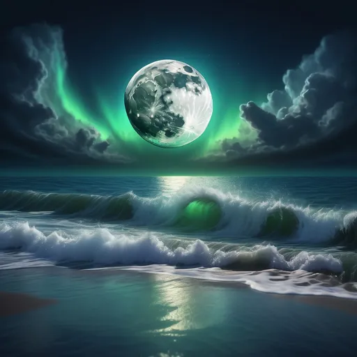 Prompt: big moon falling into the sea, huge splash, reflection, detailed, aurora sky, realistic, natural lighting