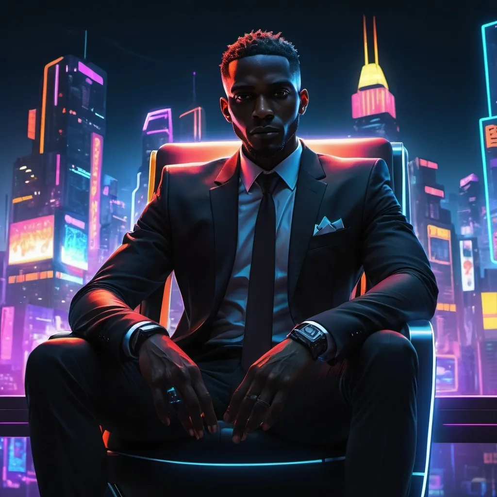 Prompt: Anime cyberpunk style, black man with sitting on a chair, black suit, highly detailed, HD, dark background