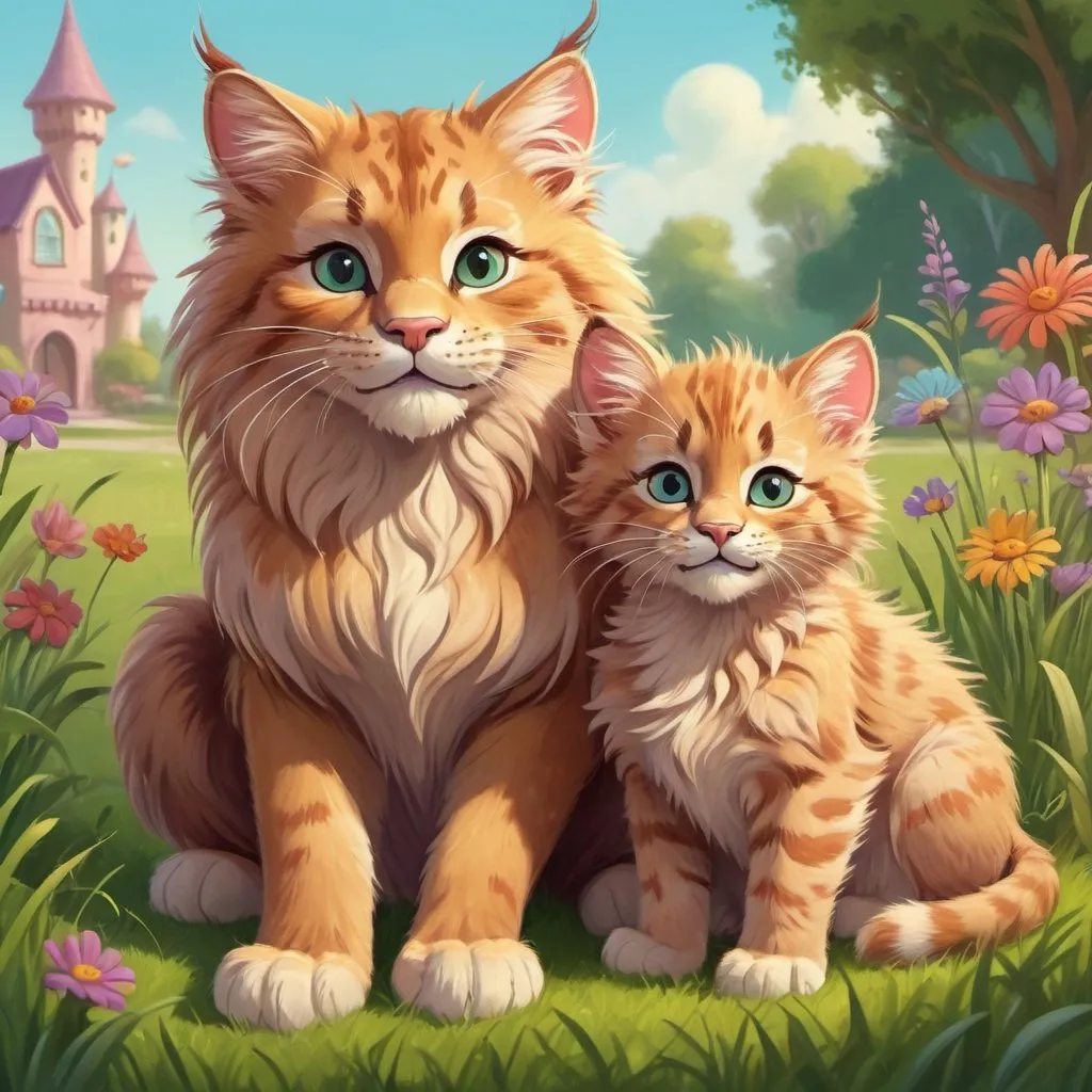 Prompt: A big cat and her kitten, lawn setting,  high quality, digital painting, cute and whimsical style, bright and lively colors, natural lighting, detailed fur and feathers, adorable expressions, charming and heartwarming, joyful and lively atmosphere, disney art style 