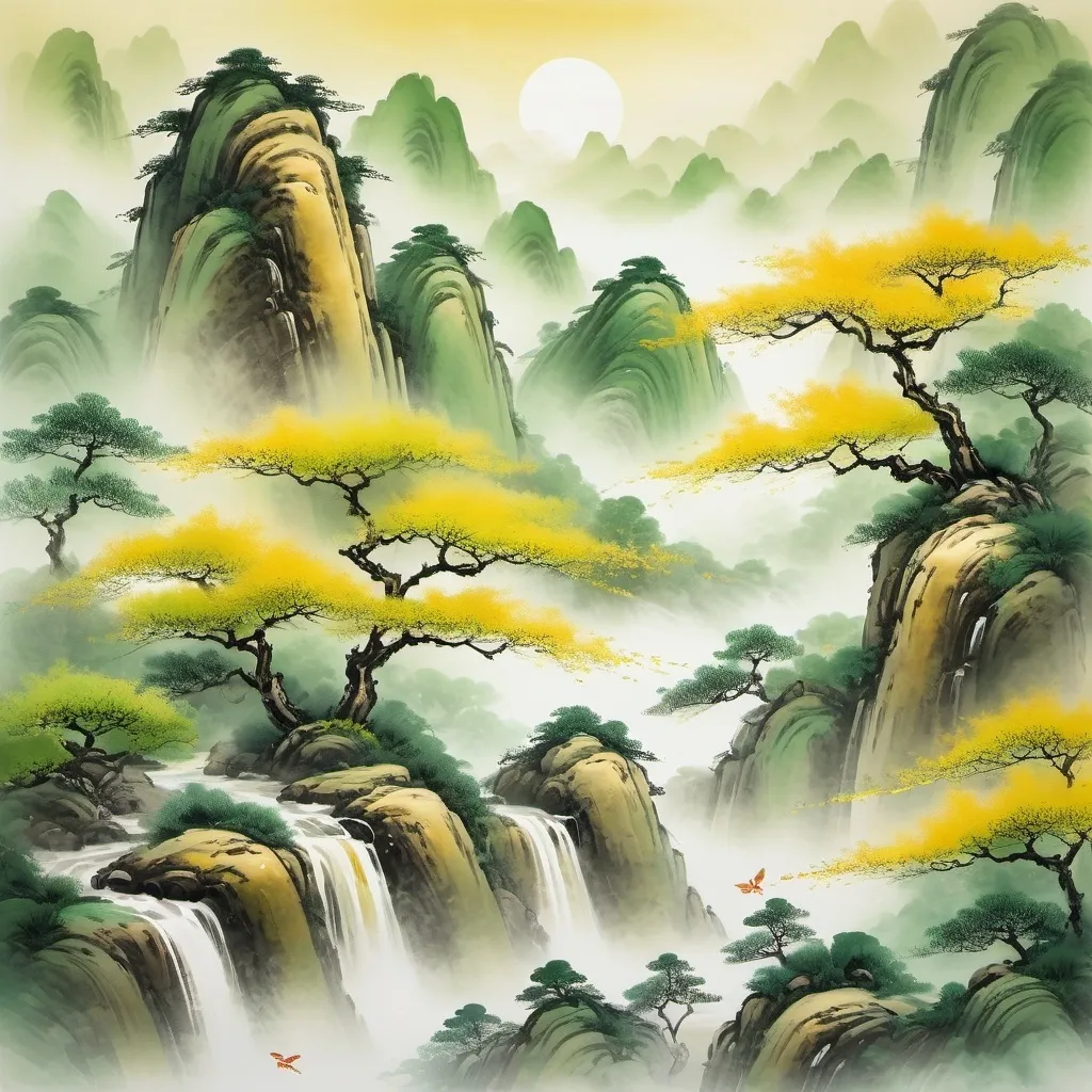 Prompt: beautiful chinese painting of jade brush strokes fading into shades of yellow and green, photorealistic, HD quality