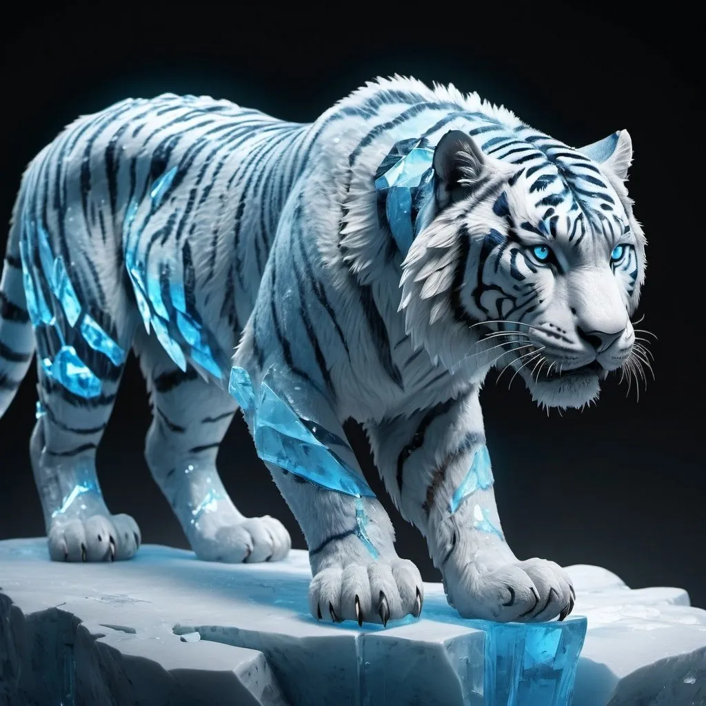 Prompt: ice tiger, full body, crystal blue highlights, glacial texture, 4k quality, good lighting