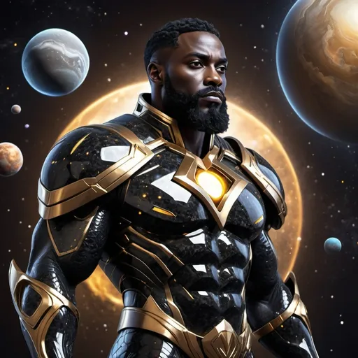 Prompt: black superhero with black beard, majestic futuristic god armor made of obsidian rock texture with gold glowing highlights, cosmic background with planets and stars