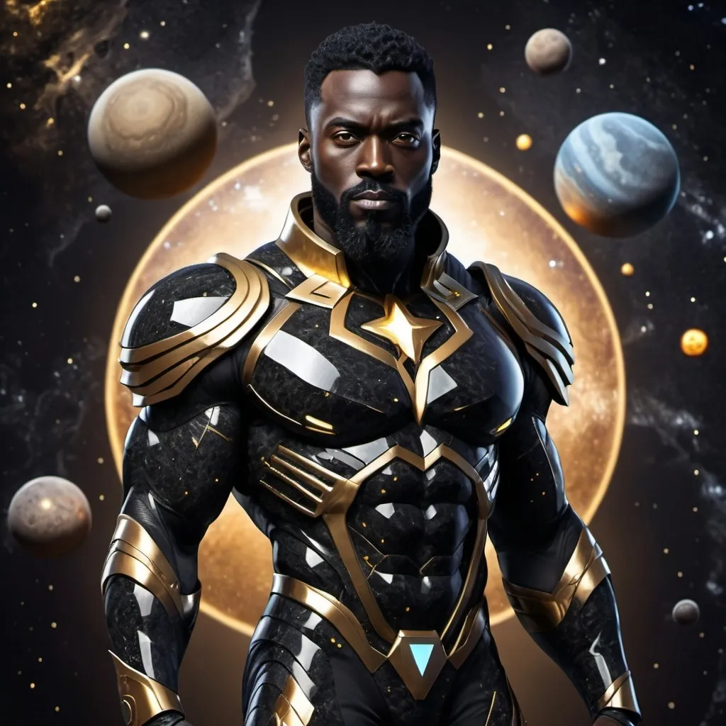 Prompt: black superhero with black beard, majestic futuristic god armor made of obsidian rock texture with gold glowing highlights full body, cosmic background with planets and stars