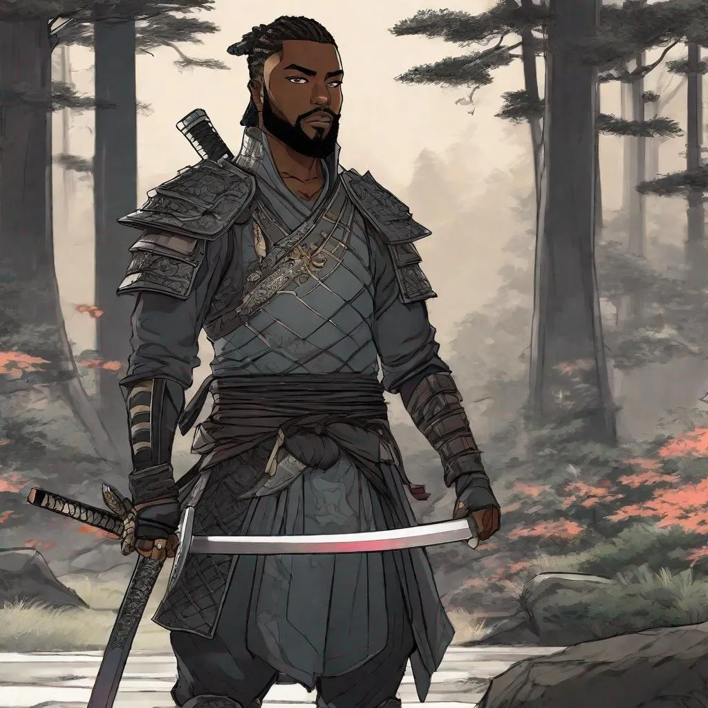 A handsome black man with beard samurai with elf ear...