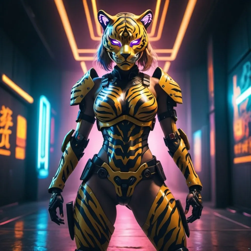 Prompt: lady wearing tiger mask in battler armor, full body, HD details, neon highlights, cyberpunk anime style, futuristic background, dynamic lighting, symmetrical and proportional body