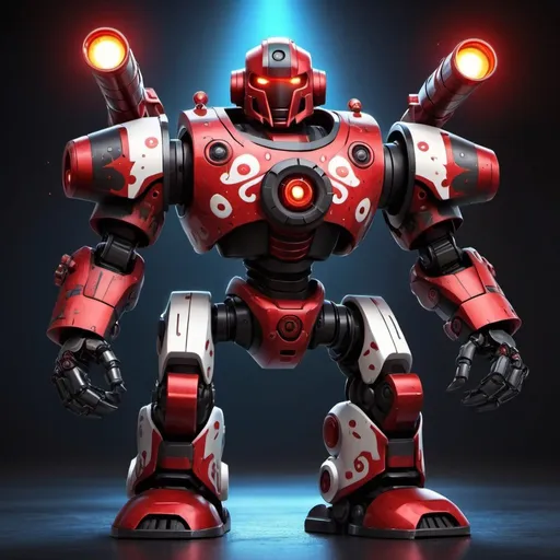Prompt: Robot with 1 wheel, rocket launchers on the shoulders, one arm as mini gun, disney art style, HD, dynamic lighting, aztec markings on the armor, red glowing visor for eyes, black aura around it, metallic red and white color
 