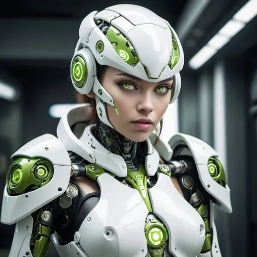 Prompt: a beautiful cyborg lady white armor, lime highlight, olive robot eyes