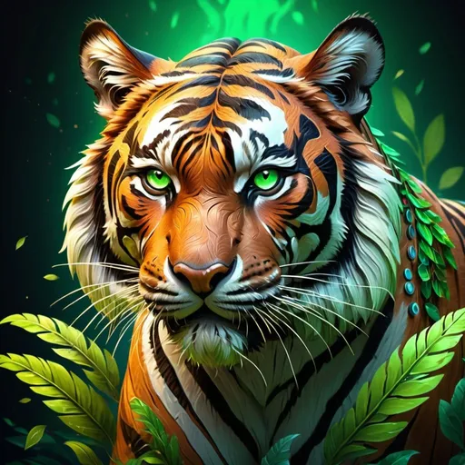 Prompt: Digital painting of Tiger with a brown wood texture body, having wings made of green leaves, vibrant colors, highres, ultra-detailed, futuristic, detailed design, Aztec patterns, professional, atmospheric lighting, , full body, cyberpunk, colorful, detailed, dynamic, futuristic, high quality, vibrant colors, atmosphere lighting