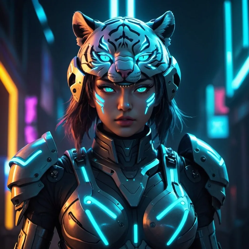 Prompt: lady tiger in battler armor, HD details, neon highlights, cyberpunk anime style, futuristic background, dynamic lighting, symmetrical and proportional body