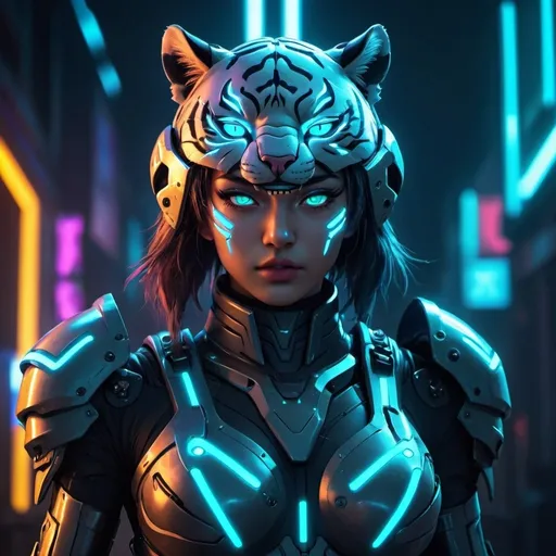 Prompt: lady tiger in battler armor, HD details, neon highlights, cyberpunk anime style, futuristic background, dynamic lighting, symmetrical and proportional body