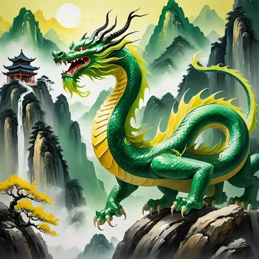 Prompt: dragon painting chinese art style brush strokes, green and yellow abstract brush strokes, jade color shading, mountains in the background, good lighting