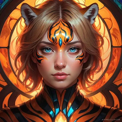 Prompt: flaming tiger, fantasy, bioluminiscence, portrait, highly detailed, digital painting, beautiful eyes, symmetry, concept art, sharp focus, illustration, art by artgerm greg rutkowski magali villeneuve wlop ilya kuvshinov stained glass