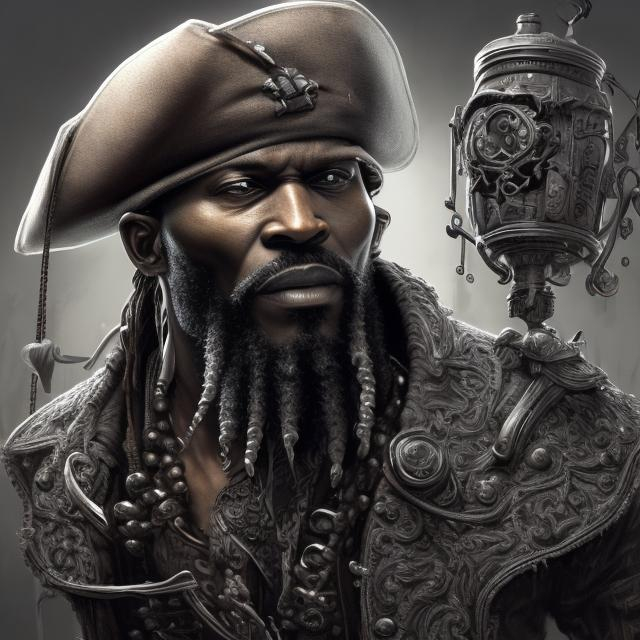 Prompt: attractive and handsome black man, black and grey beard, brutal and cool thirty-year-old pirate,-  digital painting, highly detailed, intricated, intricated pose, clarity, high quality, ultra hd, realistic, vivid colors, highly detailed, UHD drawing, pen and ink, perfect composition, beautiful detailed intricate insanely detailed octane render trending on artstation, 8k artistic photography, photorealistic concept art, soft natural volumetric cinematic perfect light