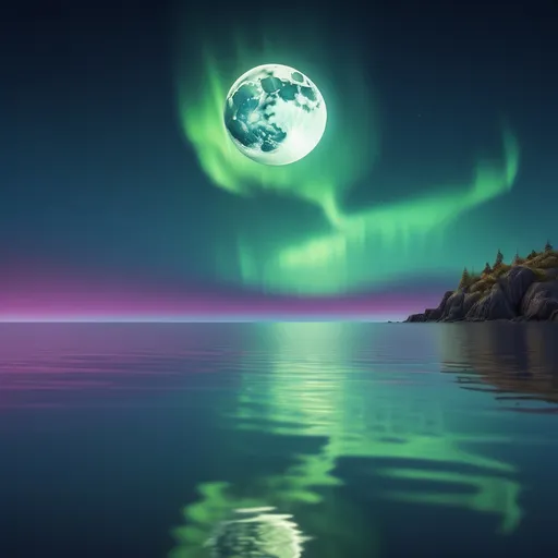 Prompt: moon falling into the sea, reflection, detailed , aurora sky, realistic, natural lighting