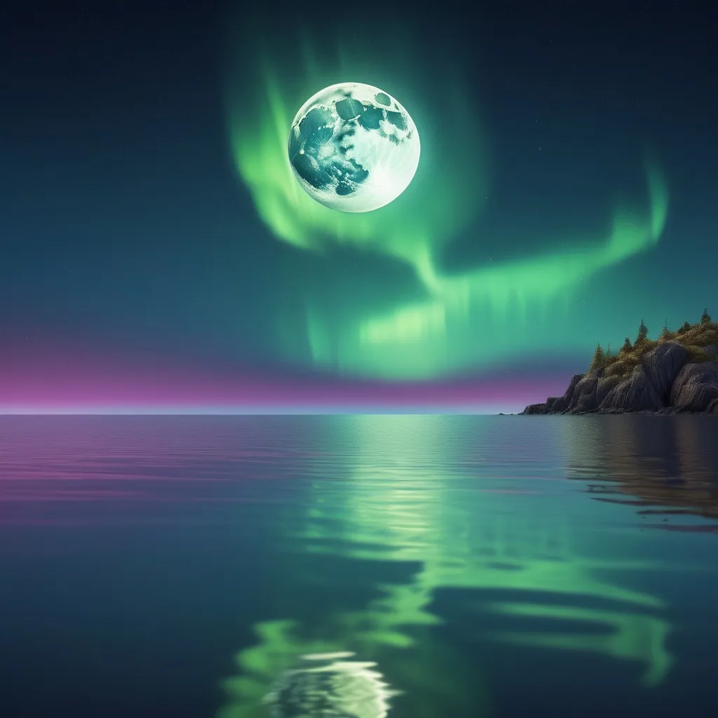 Prompt: moon falling into the sea, reflection, detailed , aurora sky, realistic, natural lighting